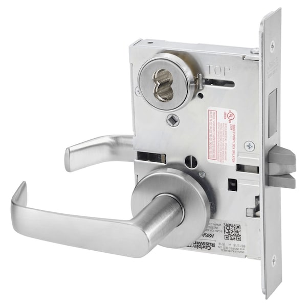 Dormitory or Entrance Mortise Lock, NS Lever, A Rose, 6-Pin LFIC Less Core, Satin Chrome